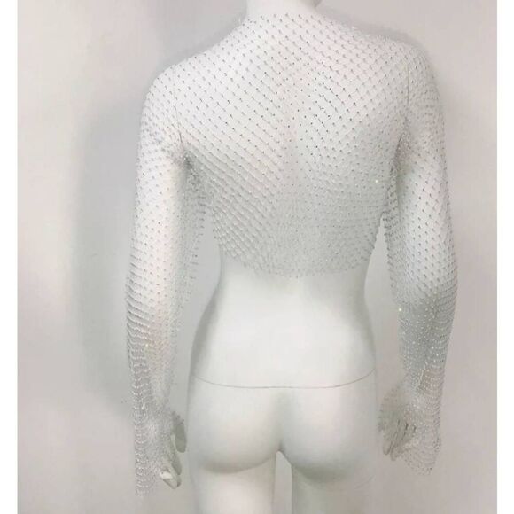 Rhinestone Flared Long Sleeve Sparkle Crop Top Glitter See Through Fishnet Cover - Picture 3 of 11